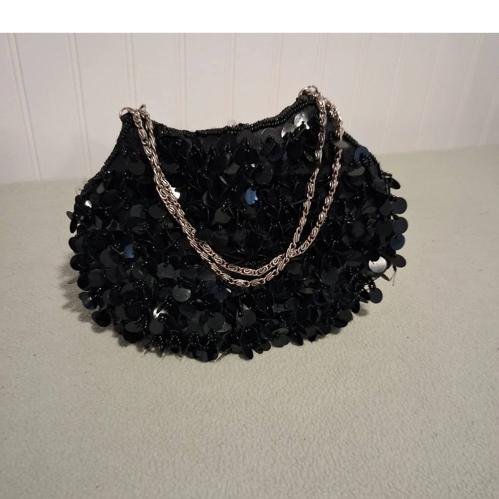 Black Sequin Chain-Handle Evening Bag Cocktail Party Bag